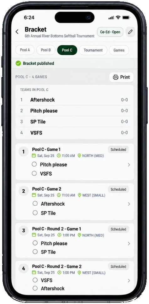 Pool bracket and games published in The Rooster