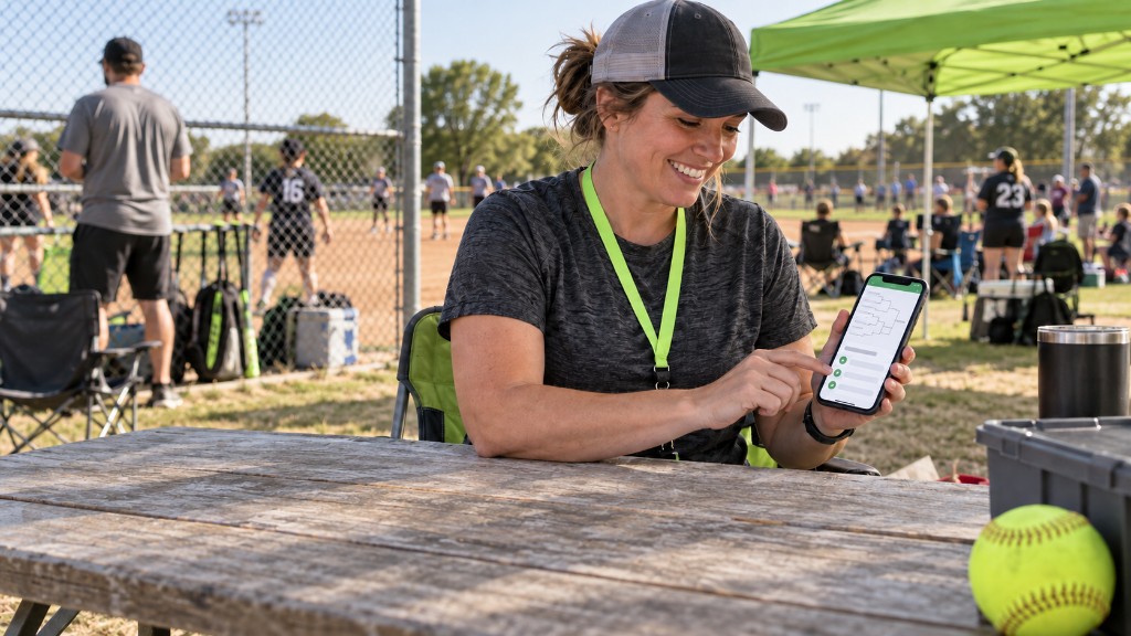 Tournament director at a field table managing brackets on a phone