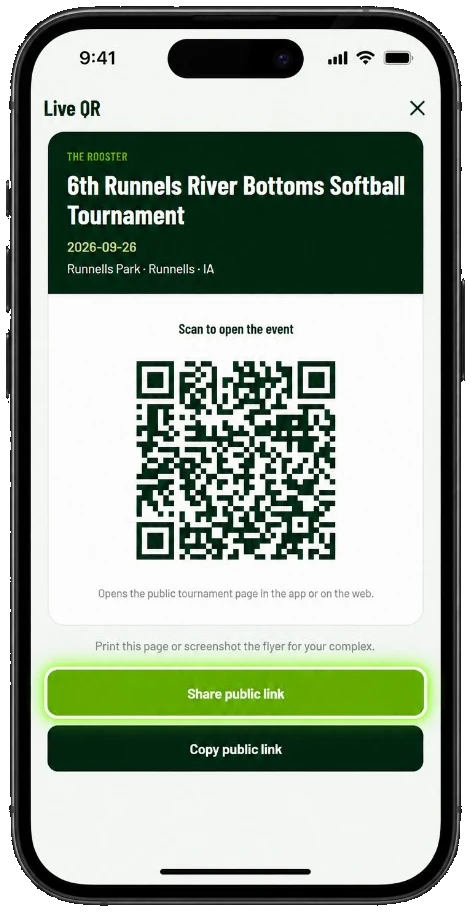 Live QR code to open a tournament in The Rooster