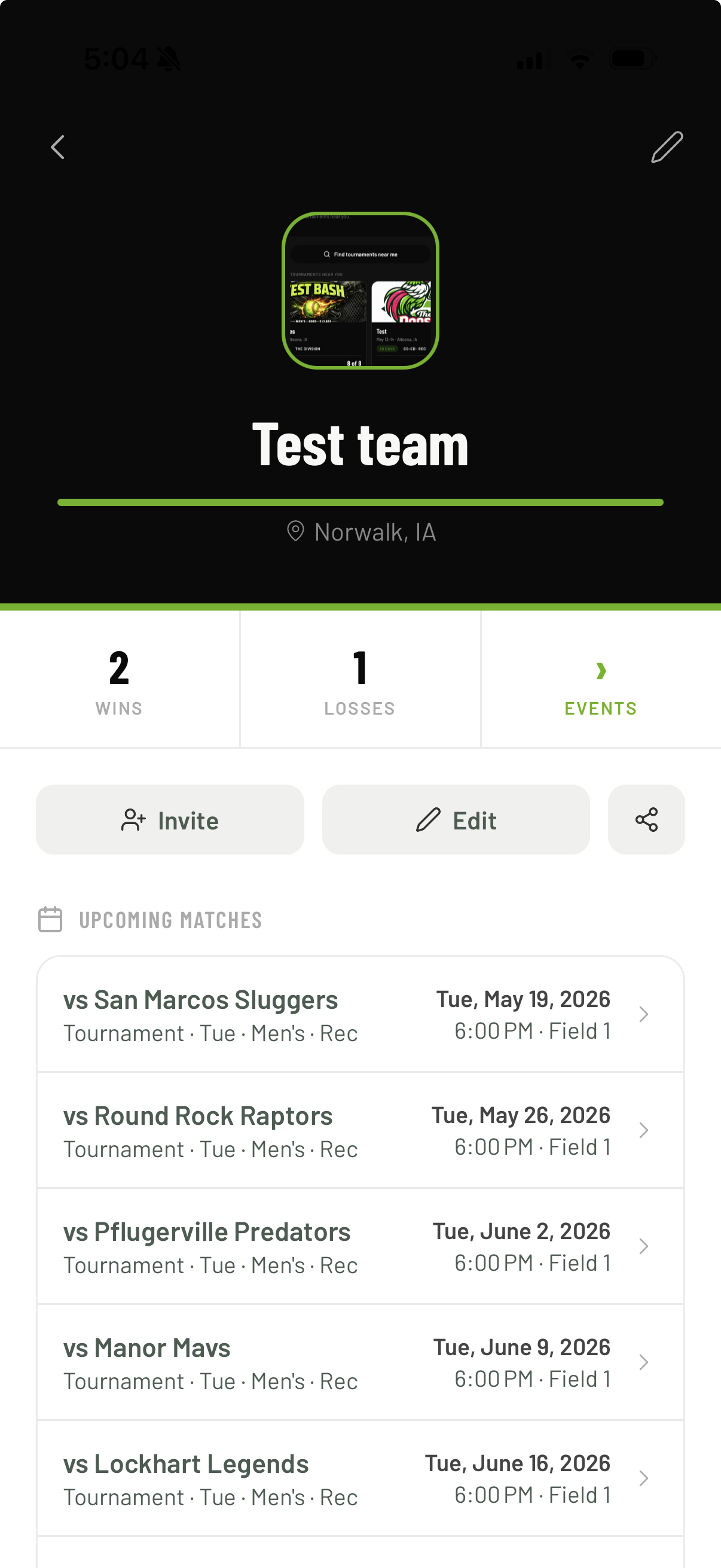 Team schedule view in The Rooster
