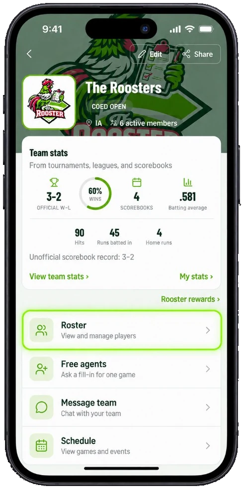Team dashboard with stats, roster, and schedule in The Rooster