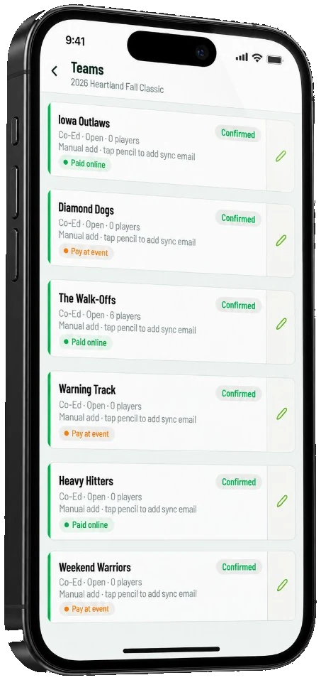 Teams list with paid online and pay at event status in The Rooster