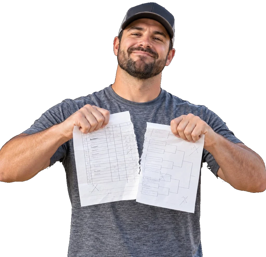 Director tearing up a paper tournament bracket